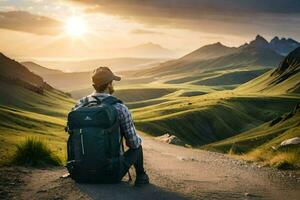 ein Mann mit ein Rucksack Sitzung auf ein Schmutz Straße im das Berge. KI-generiert foto