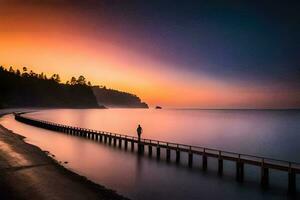 ein Mann steht auf ein Seebrücke beim Sonnenuntergang. KI-generiert foto
