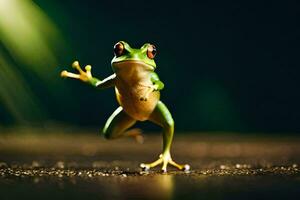 ein Frosch ist Stehen auf es ist Hinter Beine und ist halten es ist Waffen aus. KI-generiert foto