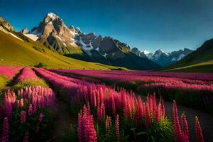 ein Feld von Rosa Blumen und Berge im das Hintergrund. KI-generiert foto