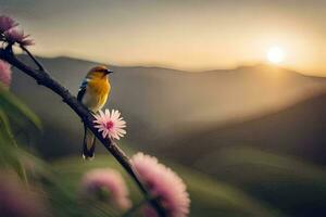 ein Vogel sitzt auf ein Ast mit Rosa Blumen im das Hintergrund. KI-generiert foto