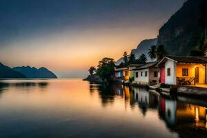 Häuser auf das Wasser beim Sonnenuntergang im Vietnam. KI-generiert foto