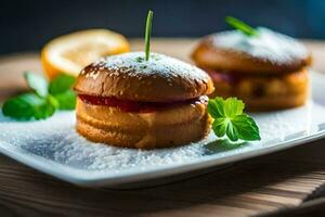 zwei klein Sandwiches auf ein Weiß Platte. KI-generiert foto