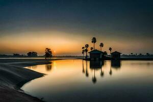 das Sonne setzt Über ein See mit Palme Bäume. KI-generiert foto