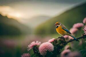 ein Vogel sitzt auf ein Ast im Vorderseite von Rosa Blumen. KI-generiert foto