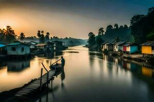 ein Fluss mit Häuser und ein Dock beim Sonnenuntergang. KI-generiert foto