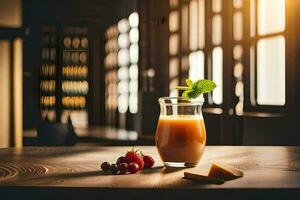 ein Glas von Saft auf ein hölzern Tisch. KI-generiert foto