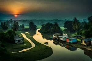 ein Fluss läuft durch ein Dorf beim Sonnenuntergang. KI-generiert foto