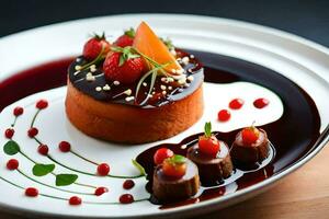 ein Dessert auf ein Teller mit Erdbeeren und Schokolade. KI-generiert foto