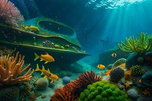 ein Boot ist gesehen unter Wasser mit Koralle und Fisch. KI-generiert foto