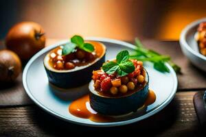 zwei ausgestopft Aubergine Hälften mit Tomate Soße und Kräuter. KI-generiert foto