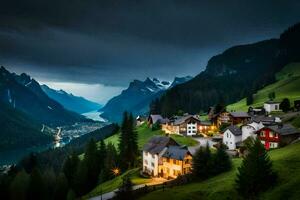 ein Dorf im das Berge mit ein See und Berge. KI-generiert foto