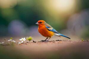 ein klein Orange Vogel ist Stehen auf das Boden. KI-generiert foto
