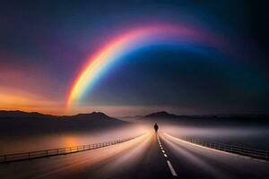 ein Regenbogen ist gesehen Über ein Straße im das Mitte von ein See. KI-generiert foto