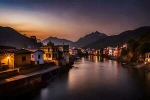 ein Fluss im das Mitte von ein Stadt, Dorf beim Sonnenuntergang. KI-generiert foto