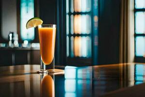 ein Glas von Orange Saft Sitzung auf ein Tisch. KI-generiert foto