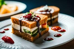 ein Teller mit zwei Sandwiches auf Es. KI-generiert foto