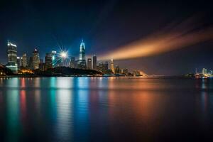 das Stadt Beleuchtung oben beim Nacht im Schanghai. KI-generiert foto