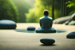 ein Person Sitzung im ein Meditation Pose in der Nähe von Felsen. KI-generiert foto