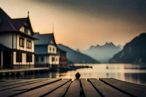 ein Vogel sitzt auf ein hölzern Seebrücke mit Blick auf ein See. KI-generiert foto