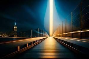 ein lange Brücke mit Licht Wanderwege im das Distanz. KI-generiert foto