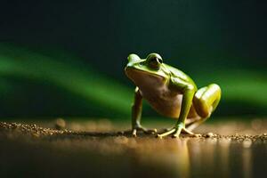 ein Frosch ist Stehen auf es ist Hinter Beine auf ein dunkel Hintergrund. KI-generiert foto
