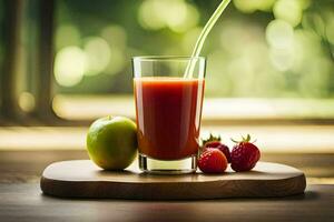 ein Glas von Saft mit Erdbeeren und ein Apfel. KI-generiert foto