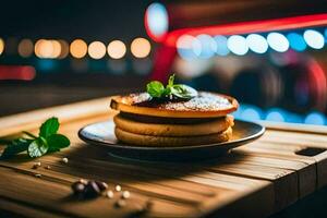 ein Stapel von Pfannkuchen auf ein hölzern Tisch. KI-generiert foto