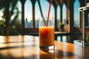 ein Glas von Orange Saft Sitzung auf ein Tisch. KI-generiert foto