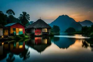 ein Haus auf das Wasser mit ein Berg im das Hintergrund. KI-generiert foto