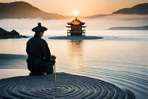 ein Mann Sitzung auf das Sand mit ein Spiral- im das Wasser. KI-generiert foto