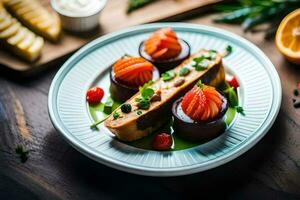 Essen auf ein Teller mit Gemüse und Frucht. KI-generiert foto