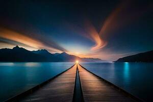 ein lange Seebrücke mit ein Licht beim das Ende. KI-generiert foto