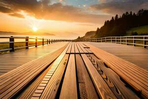 ein hölzern Brücke mit das Sonne Rahmen Über Es. KI-generiert foto