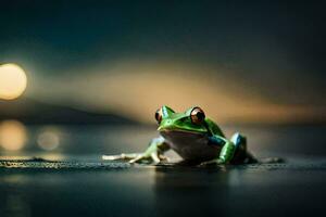 ein Frosch Sitzung auf das Boden im Vorderseite von ein voll Mond. KI-generiert foto