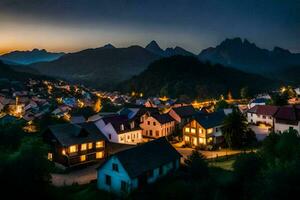 ein Stadt, Dorf beim Dämmerung im das Berge. KI-generiert foto