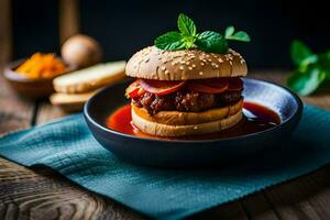 ein Hamburger mit Soße und Käse auf ein Platte. KI-generiert foto