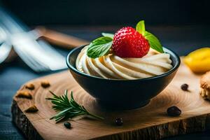 ein Schüssel von ausgepeitscht Sahne mit Erdbeeren und Minze Blätter. KI-generiert foto