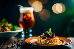 Spaghetti mit Blaubeeren und Tomaten auf ein Platte. KI-generiert foto
