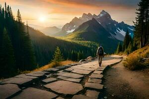 ein Person Gehen Nieder ein Pfad im das Berge. KI-generiert foto