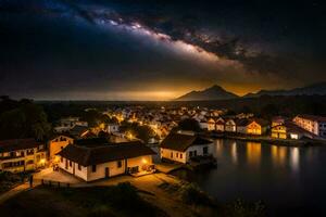 das milchig Weg Über das Stadt, Dorf beim Nacht. KI-generiert foto