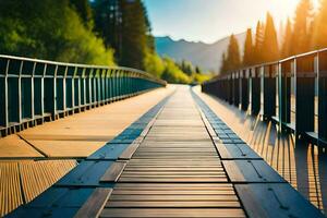 ein Brücke mit ein hölzern Gehweg im das Mitte von ein Wald. KI-generiert foto