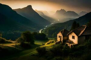 das Sonne scheint auf ein Haus im das Berge. KI-generiert foto