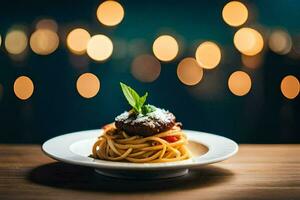 Spaghetti mit Fleisch und Tomate auf ein Platte. KI-generiert foto
