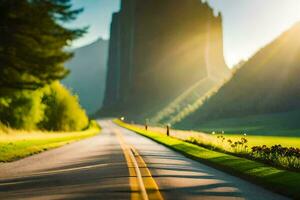 ein Straße im das Berge mit das Sonne leuchtenden. KI-generiert foto