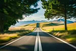 ein Straße mit Bäume und Berge im das Hintergrund. KI-generiert foto