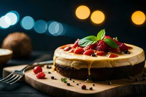 Käsekuchen mit Beeren und Sahne auf ein hölzern Tafel. KI-generiert foto