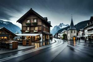 ein Straße im das Berge mit ein Restaurant und ein Berg im das Hintergrund. KI-generiert foto