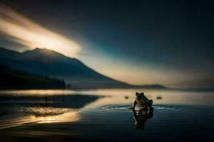 ein Frosch Stehen im das Wasser beim Sonnenuntergang. KI-generiert foto