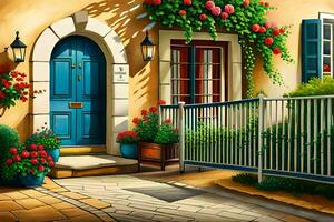 ein Gemälde von ein Haus mit Blumen und ein Blau Tür. KI-generiert foto